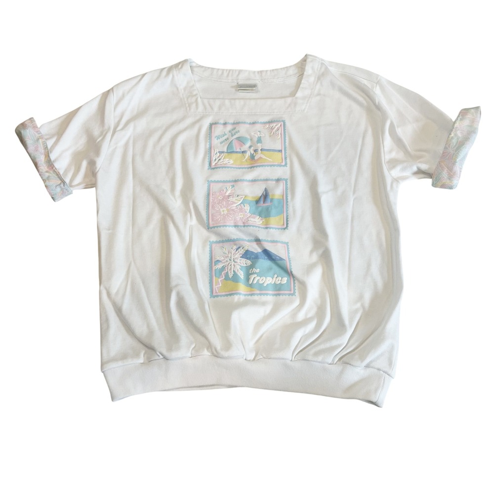 Vintage Jantzen White Tropical Beach Graphic Square Neck Cuffed Top Size Large